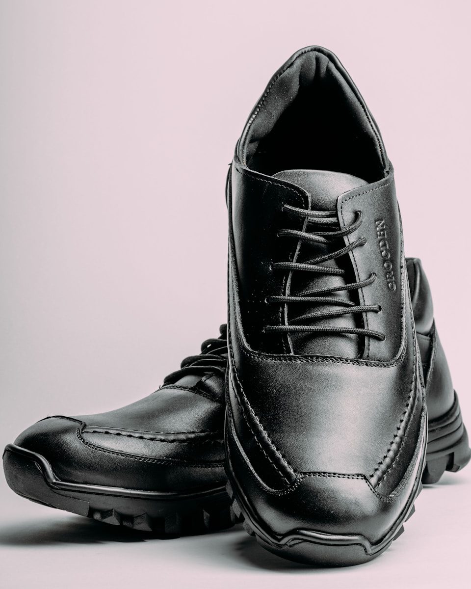 a pair of black shoes on a white background